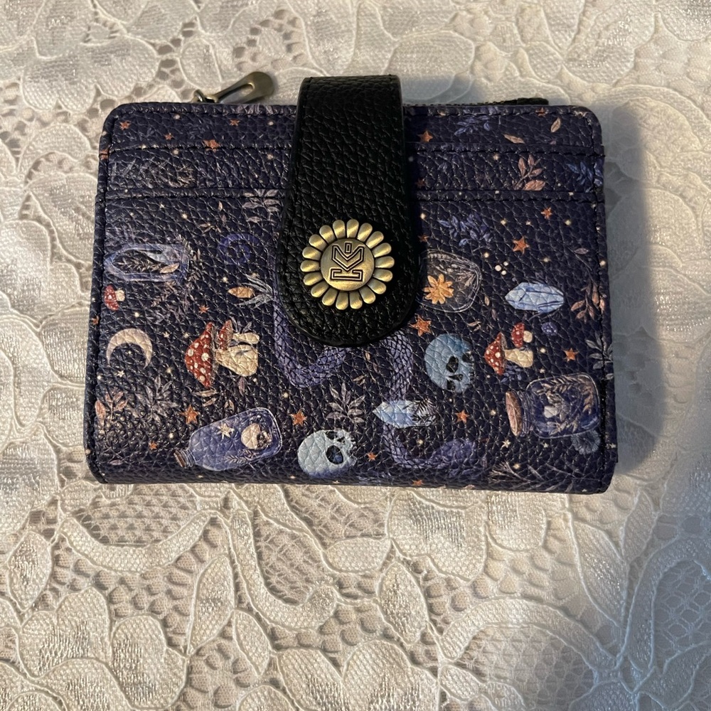 Women's Navy Printed Leather Snap Wallet with Floral Emblem